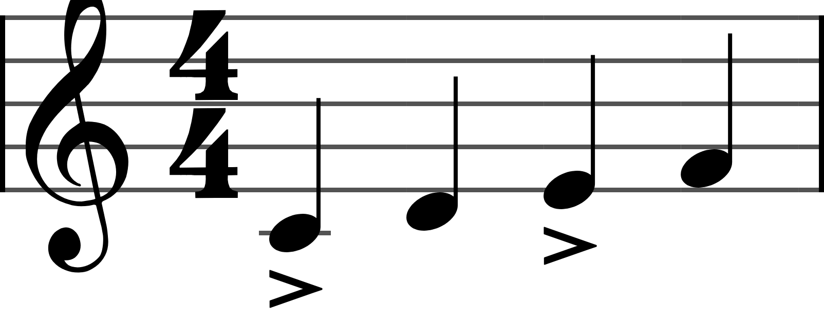 Four quarter notes, the first and third with an accent: play those two louder than the others.