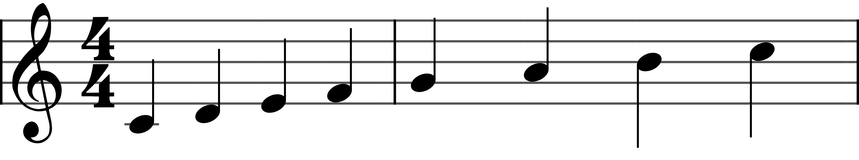 Two measures of quarter notes divided by a bar line. The note after the bar line is the downbeat.