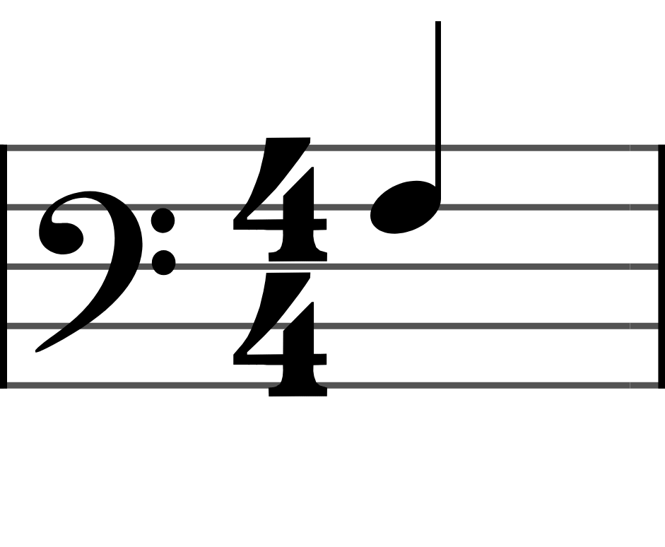A bass clef with two dots straddling the F line, and an F quarter note on that line.