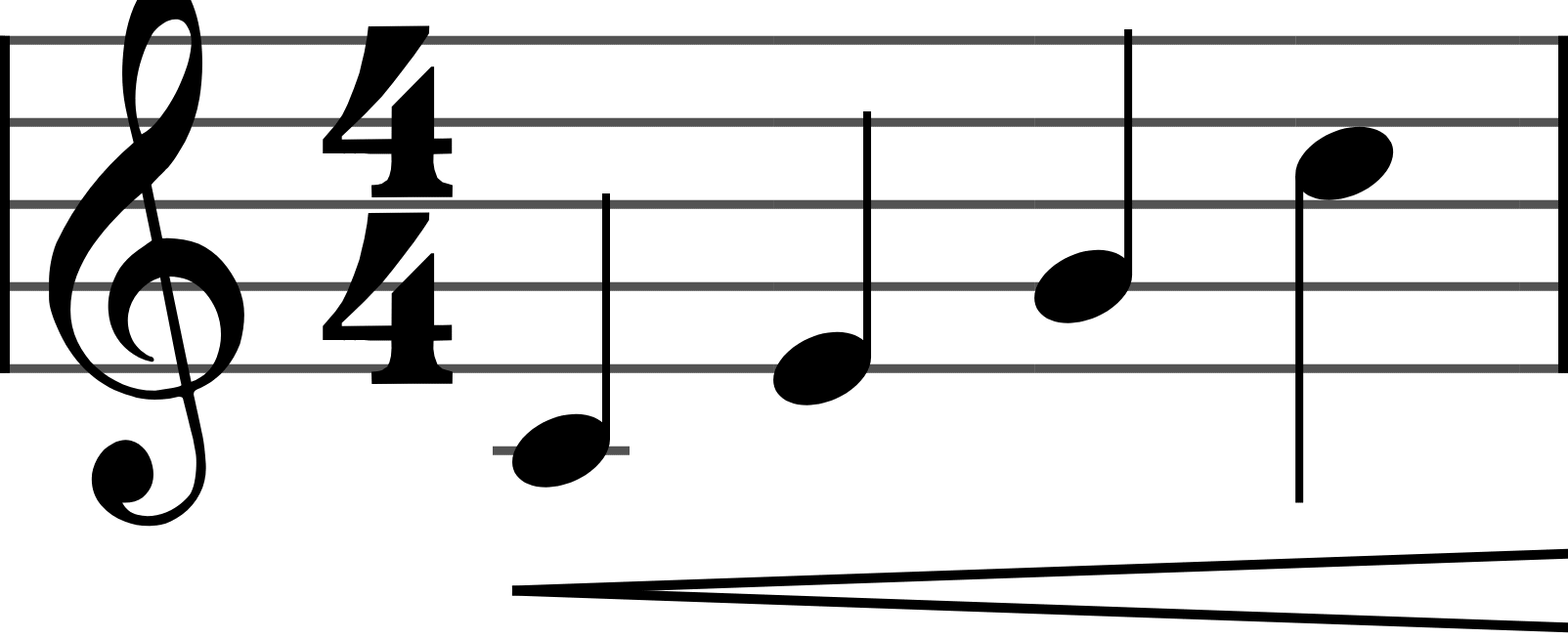 A hairpin opening to the right under four quarter notes: get gradually louder.