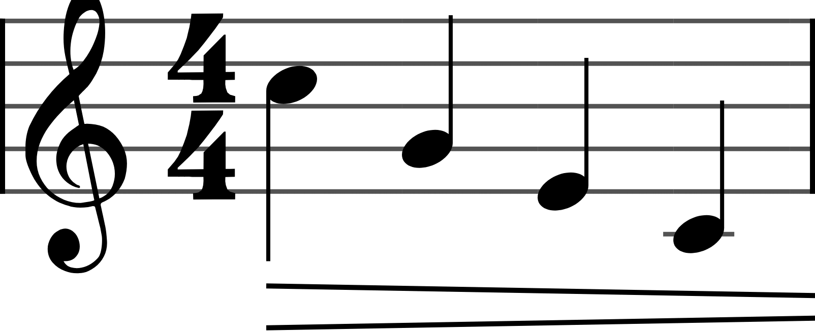 A hairpin closing to the right under four quarter notes: get gradually softer.