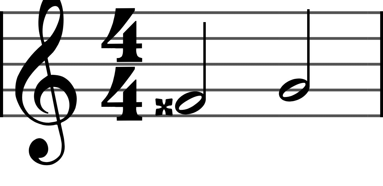 An F double-sharp, written like a small x, raising F by two semitones to the G key.