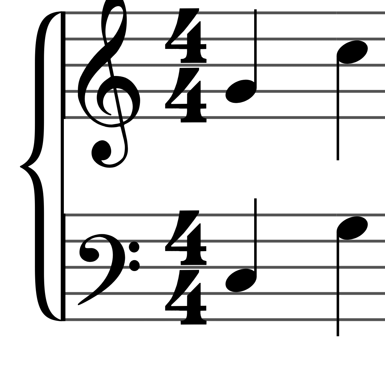 A grand staff: treble clef on top, bass clef below, joined by a brace. Middle C sits between them.