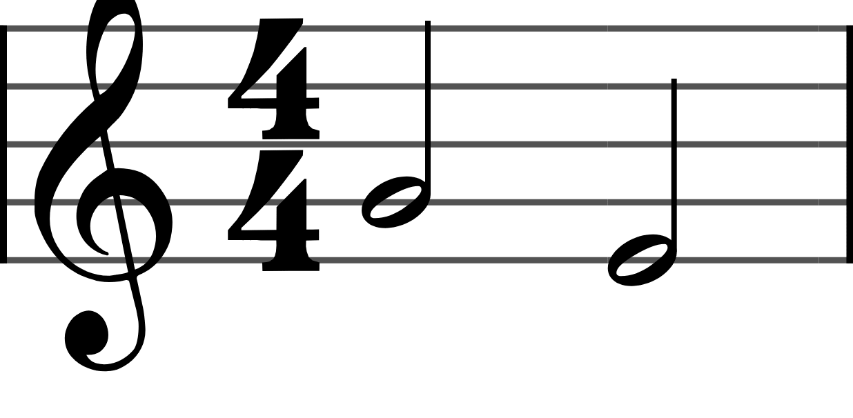 Two half notes: hollow heads with stems, each lasting two beats.