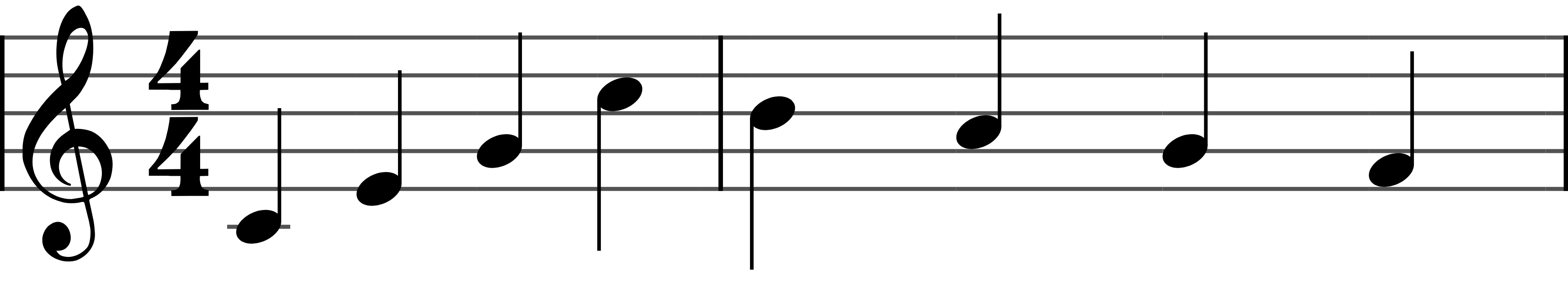 Two measures of 4/4, four quarter notes in each, with a bar line between them.