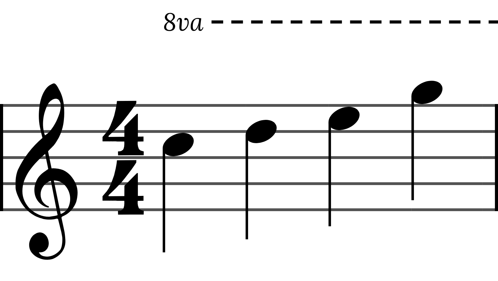 Four quarter notes on the treble staff with 8va and a dashed line above, ending in a downward hook.