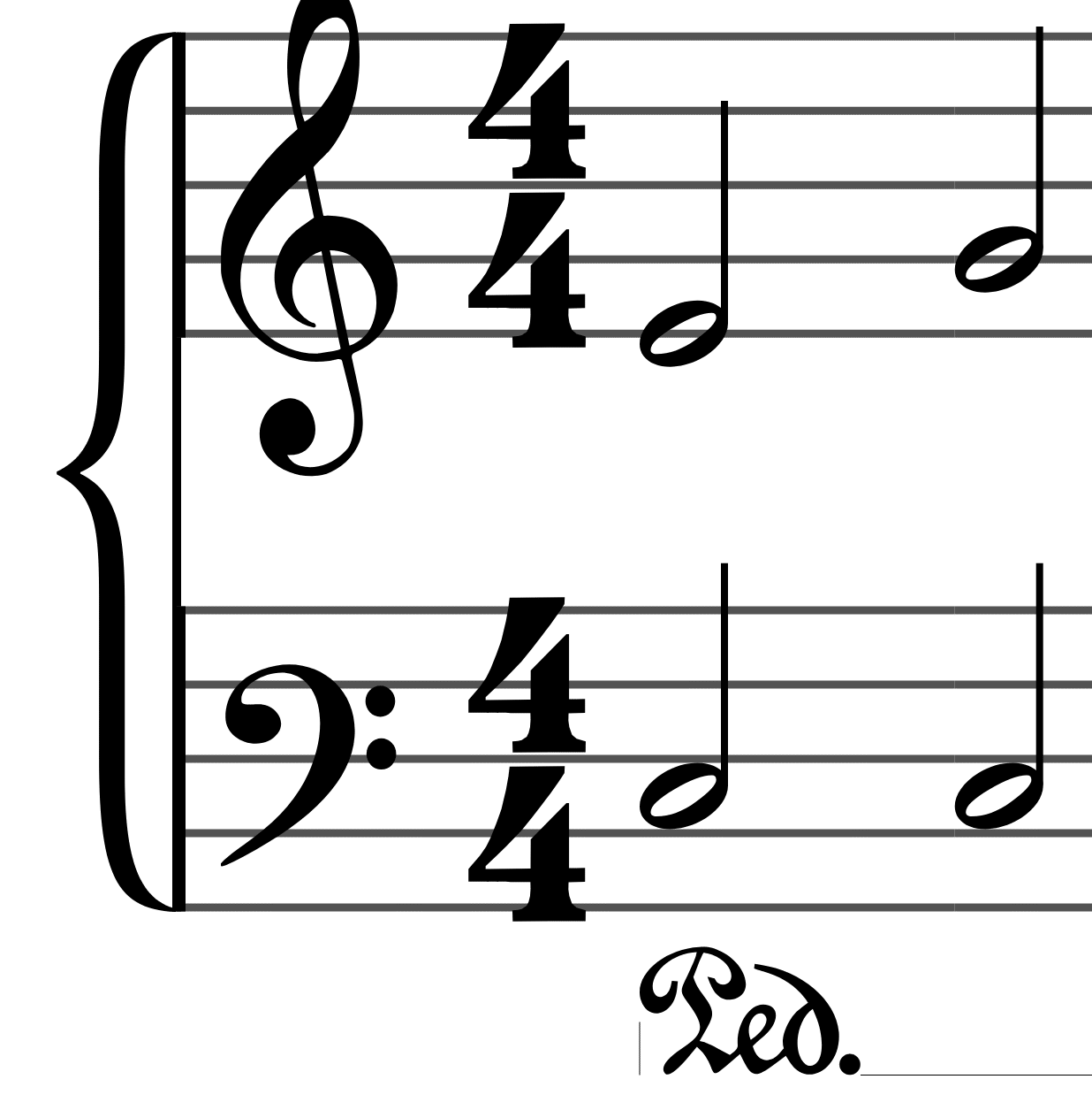 A sustain-pedal line under a measure of half notes: press at the start and lift at the end.