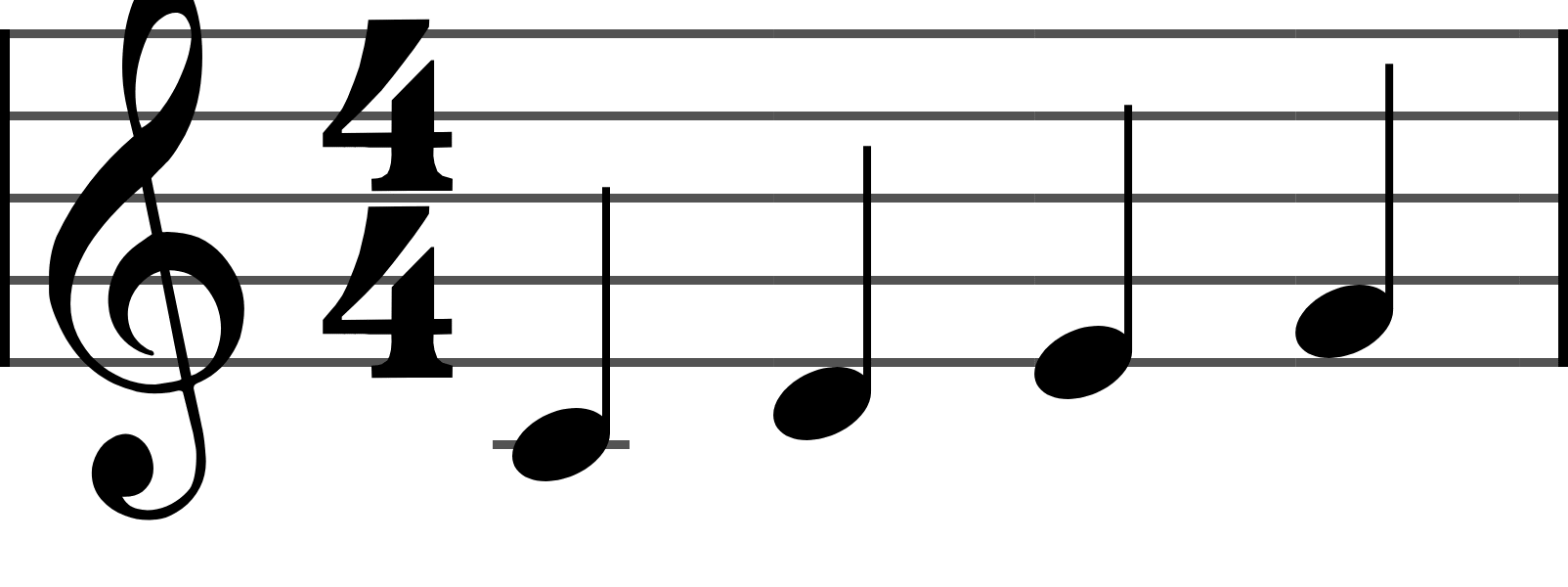 Four quarter notes: filled heads with stems and no flags, one beat each.
