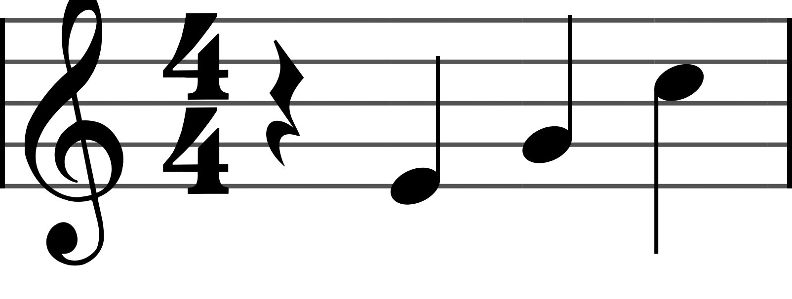 A quarter rest, the upright squiggle, then three quarter notes.