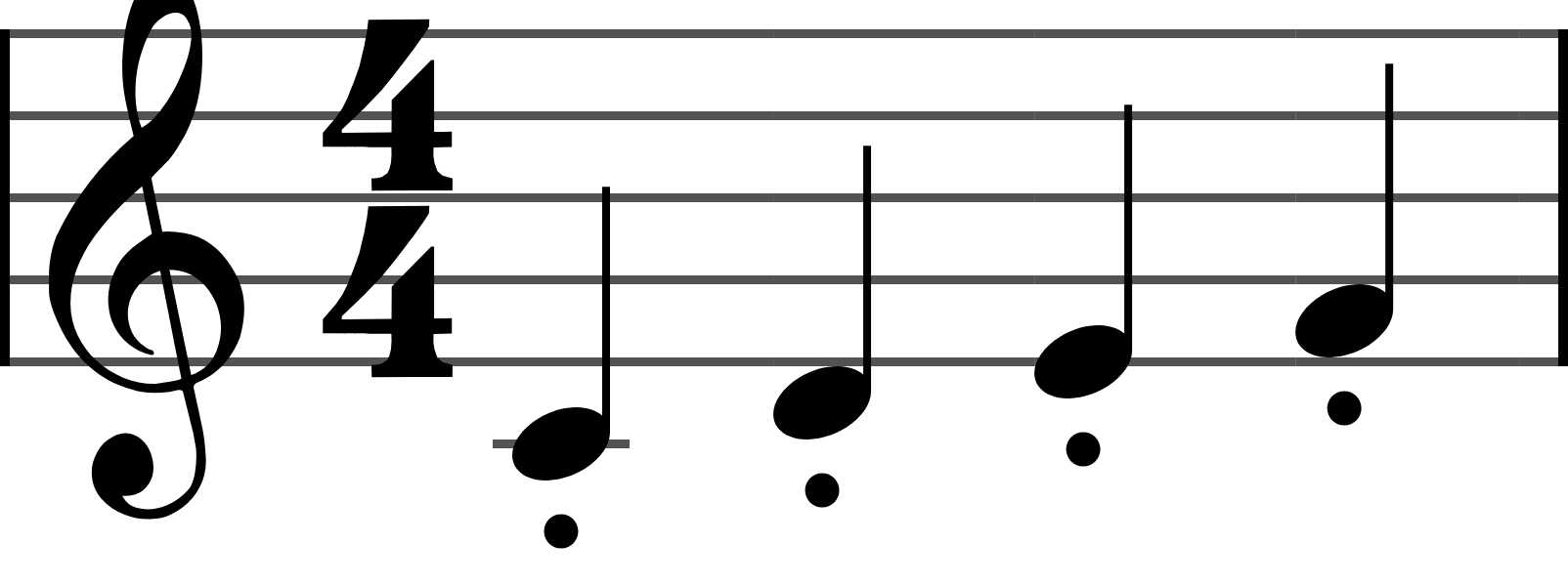 Four quarter notes with a staccato dot above or below each head: play them short and detached.