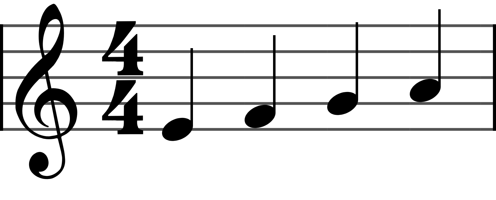 A treble staff of five lines. Four quarter notes sit on lines and in spaces: E, F, G and A.