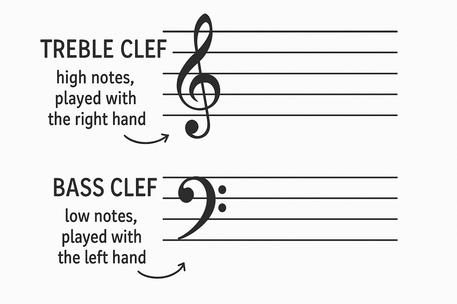 The treble and bass clefs are generally played with the right and left hands, respectively.