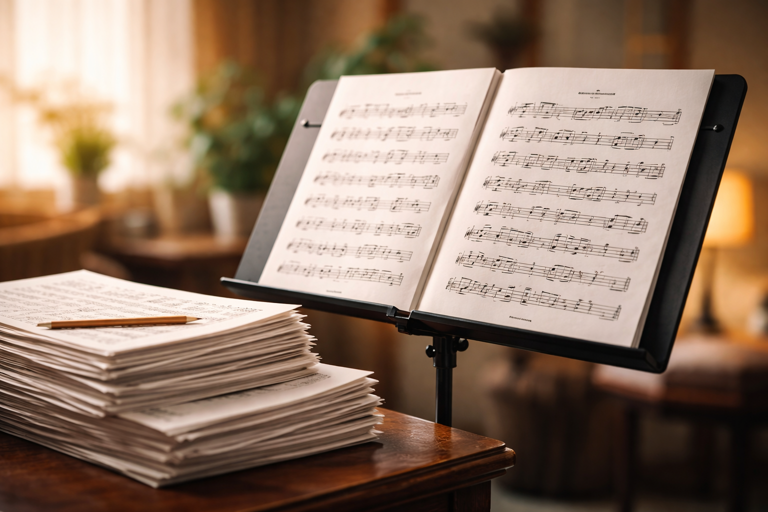 A pile of sheet music, with a book of music open on a music stand A pile of sheet music, with a book of music open on a music stand