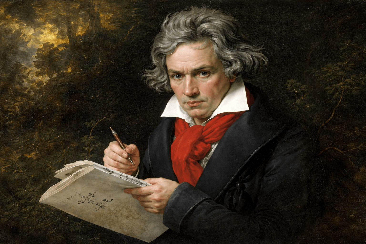 Ludwig van Beethoven composing with a pencil in a stormy setting